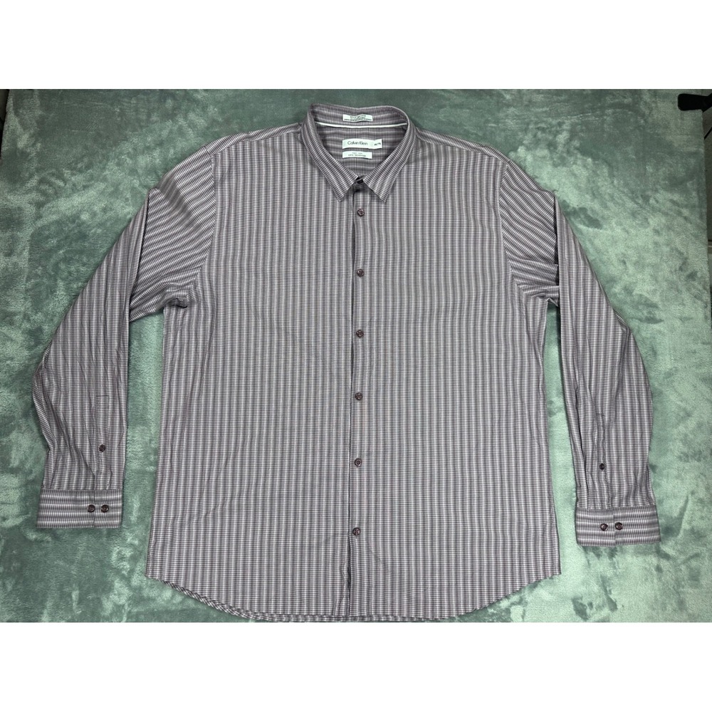 Calvin‎ Klein Mens XXL Non Iron Micro Check Dress Shirt Purple White PC728